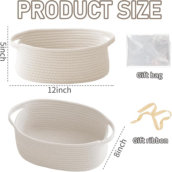Small Gift Basket, Cotton Rope, 12 x 8 x 5 in, Handles, Includes Ribbon and Bag, Birthday Gift Basket