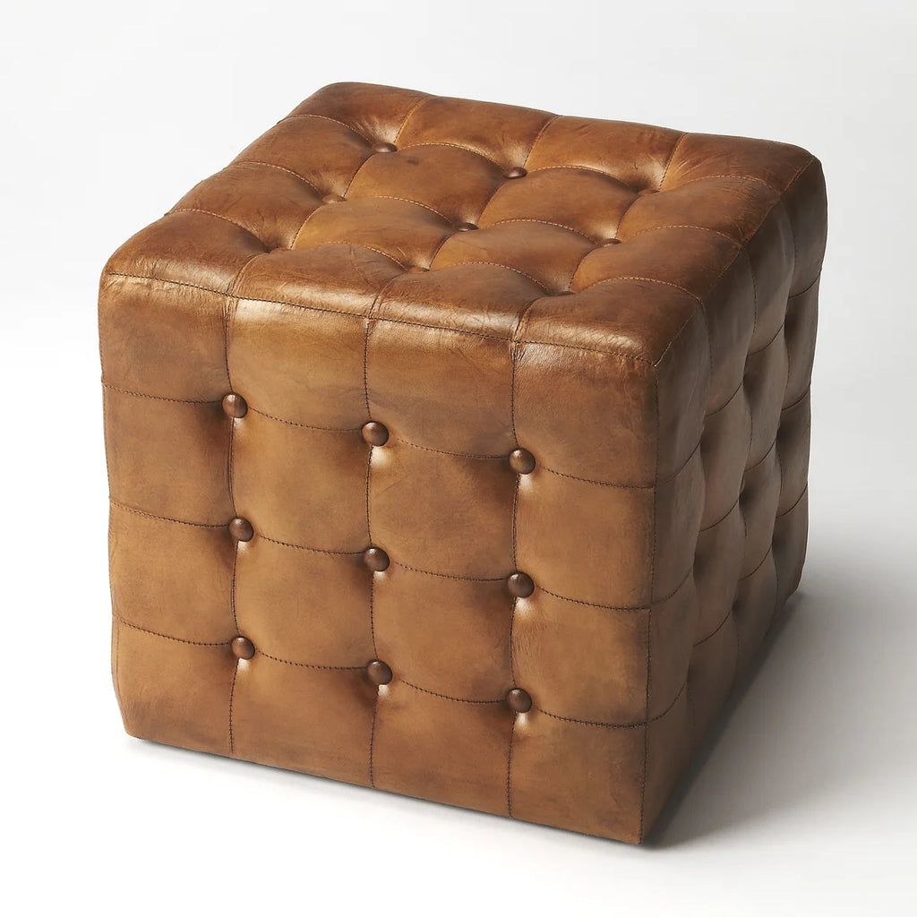 Leon Button Tufted Leather Ottoman