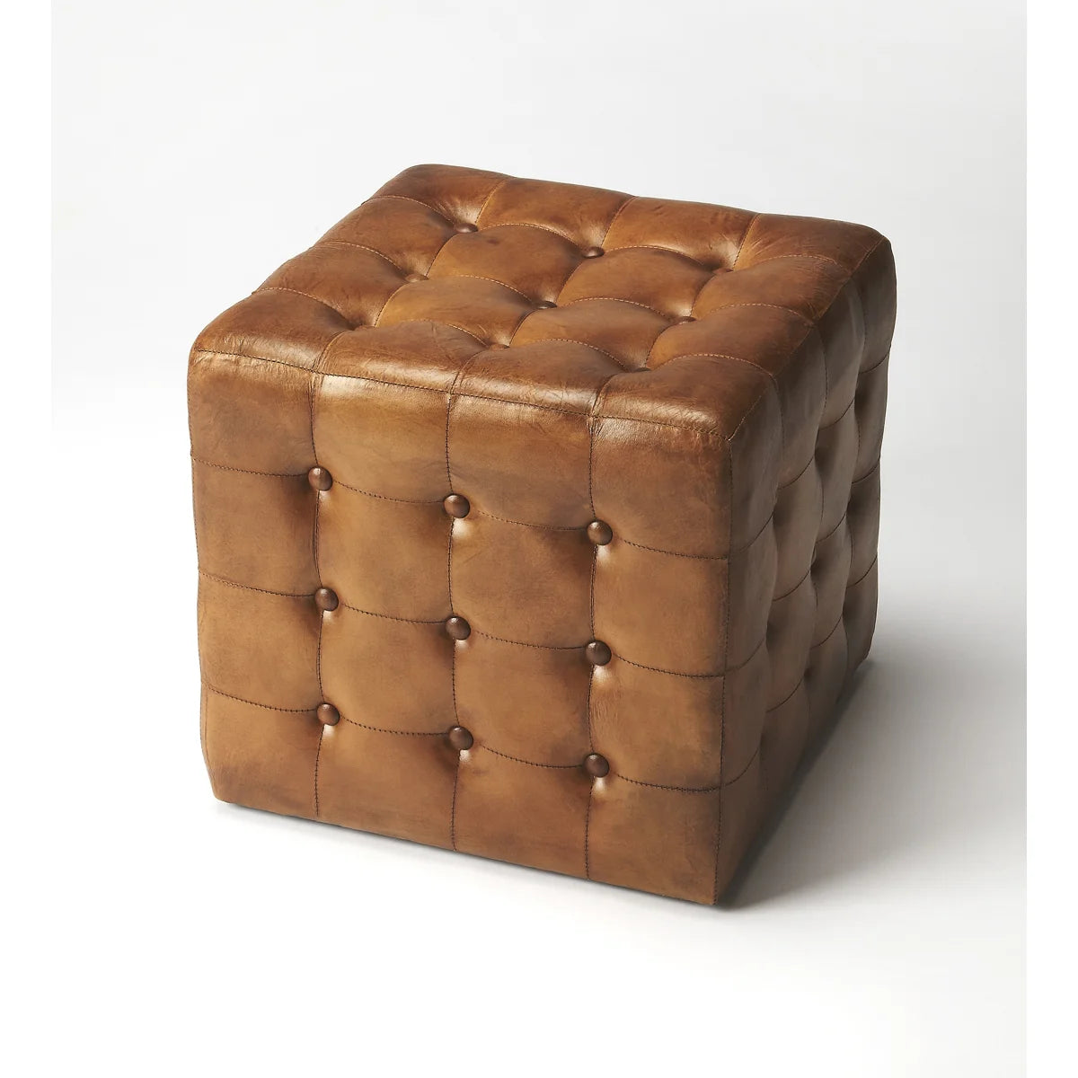 Leon Button Tufted Leather Ottoman